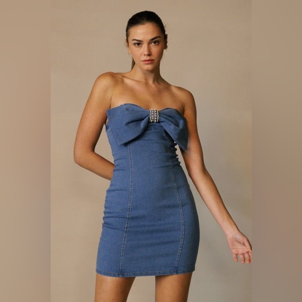 Strapless Denim Mini Dress with Bow Front - EB Luxe
